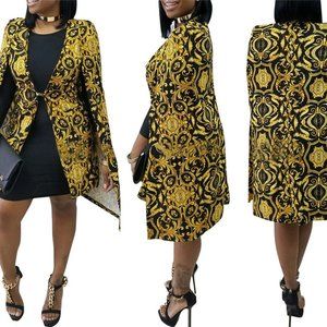 Black & Gold Cape Blazer Shawl Collar Split Sleeve African Dashiki Print Cloak